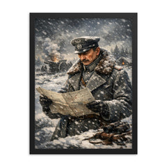 Mannerheim in snow with field map framed print on a plain backdrop in size 18"x24".