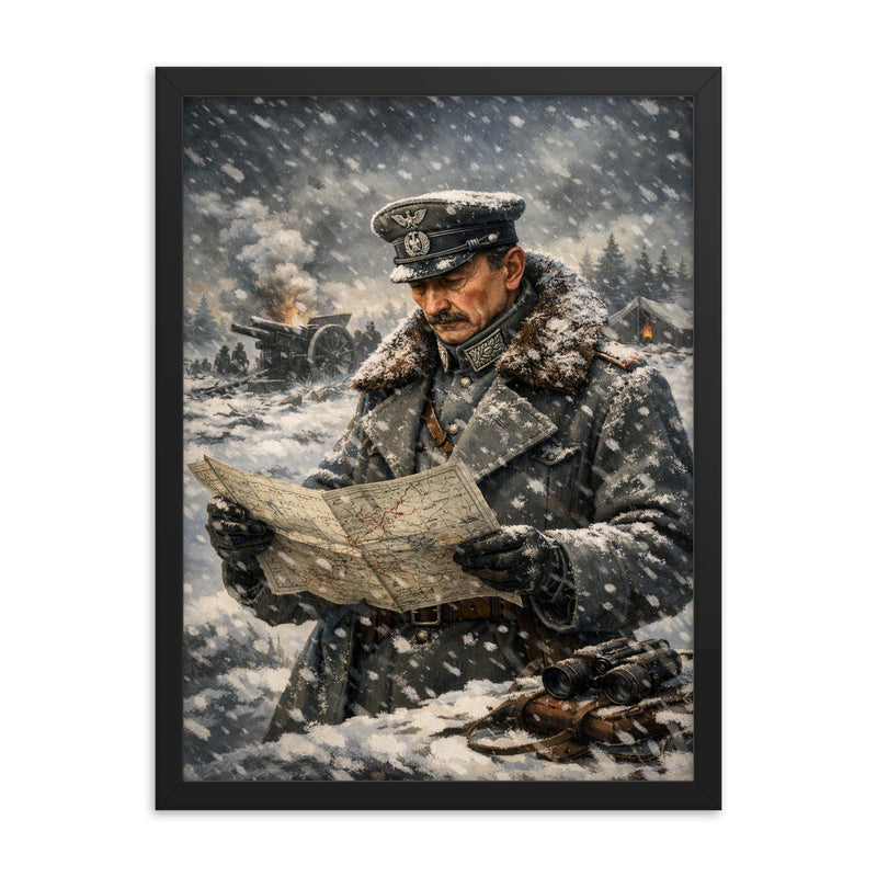 Mannerheim in snow with field map framed print on a plain backdrop in size 18