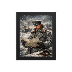 Mannerheim in snow with field map framed print on a plain backdrop in size 8"x10".