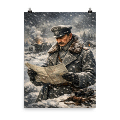 Mannerheim in snow with field map poster on a plain backdrop in size 8"x10".