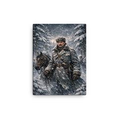 Mannerheim in snowstorm among Finnish pines canvas print on a plain backdrop in size 12"x16".