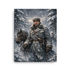 Mannerheim in snowstorm among Finnish pines canvas print on a plain backdrop in size 16"x20".