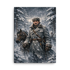 Mannerheim in snowstorm among Finnish pines canvas print on a plain backdrop in size 18"x24".