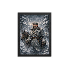 Mannerheim in snowstorm among Finnish pines framed print on a plain backdrop in size 12"x16".