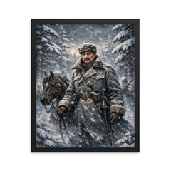 Mannerheim in snowstorm among Finnish pines framed print on a plain backdrop in size 16"x20".
