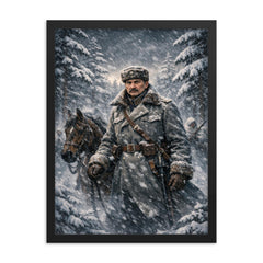 Mannerheim in snowstorm among Finnish pines framed print on a plain backdrop in size 18"x24".