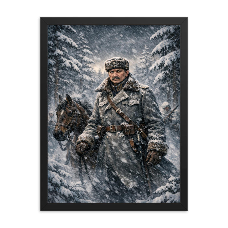 Mannerheim in snowstorm among Finnish pines framed print on a plain backdrop in size 18
