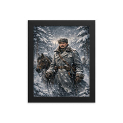 Mannerheim in snowstorm among Finnish pines framed print on a plain backdrop in size 8"x10".