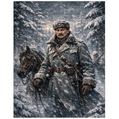 Mannerheim in snowstorm among Finnish pines jigsaw puzzle
