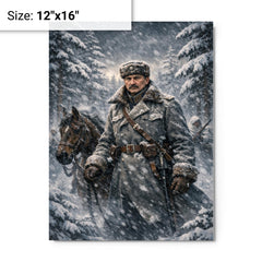 Mannerheim in snowstorm among Finnish pines metal print on a plain backdrop in size 12"x16".