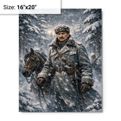 Mannerheim in snowstorm among Finnish pines metal print on a plain backdrop in size 16"x20".