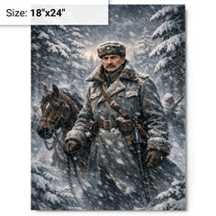 Mannerheim in snowstorm among Finnish pines metal print on a plain backdrop in size 18"x24".