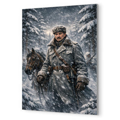 Mannerheim in snowstorm among Finnish pines metal print mockup