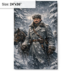 Mannerheim in snowstorm among Finnish pines metal print on a plain backdrop in size 24"x36".