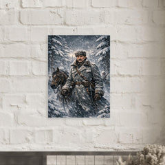 Mannerheim in snowstorm among Finnish pines metal print mockup