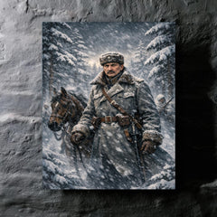 Mannerheim in snowstorm among Finnish pines metal print mockup