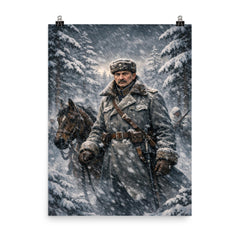 Mannerheim in snowstorm among Finnish pines poster on a plain backdrop in size 8"x10".