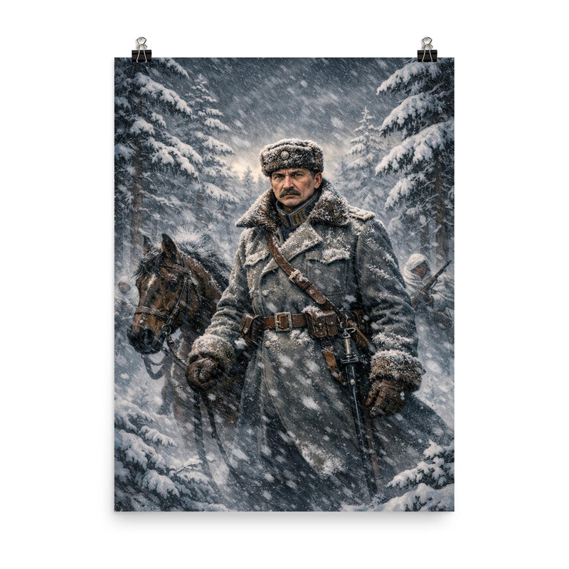 Mannerheim in snowstorm among Finnish pines poster on a plain backdrop in size 8