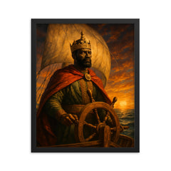 Mansa Abubakari II sailing into Atlantic mystery framed print on a plain backdrop in size 16"x20".
