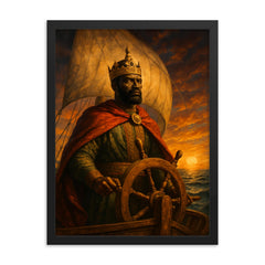 Mansa Abubakari II sailing into Atlantic mystery framed print on a plain backdrop in size 18"x24".