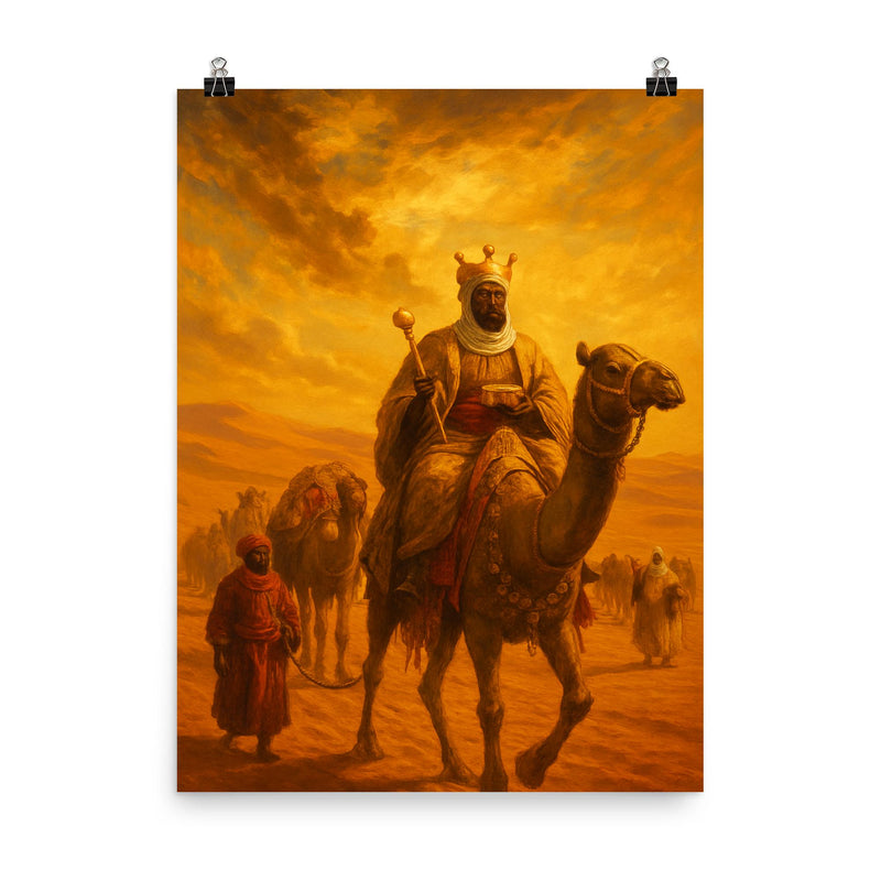 Mansa Musa caravan crossing Sahara under gold laden sky poster on a plain backdrop in size 8