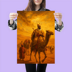 Mansa Musa caravan crossing Sahara under gold laden sky poster 3