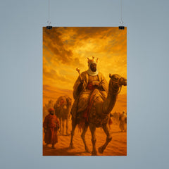 Mansa Musa caravan crossing Sahara under gold laden sky poster 9