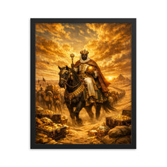 Mansa Musa crossing Sahara beneath gold laden sky framed print on a plain backdrop in size 16"x20".