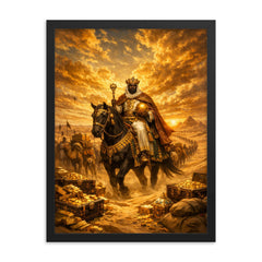 Mansa Musa crossing Sahara beneath gold laden sky framed print on a plain backdrop in size 18"x24".