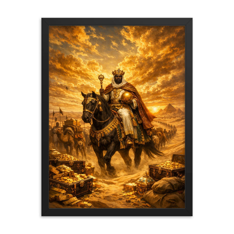 Mansa Musa crossing Sahara beneath gold laden sky framed print on a plain backdrop in size 18