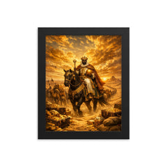 Mansa Musa crossing Sahara beneath gold laden sky framed print on a plain backdrop in size 8"x10".