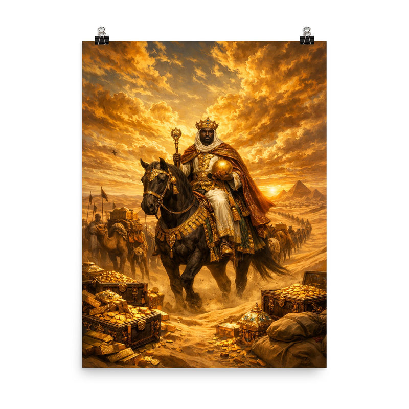 Mansa Musa crossing Sahara beneath gold laden sky poster on a plain backdrop in size 8