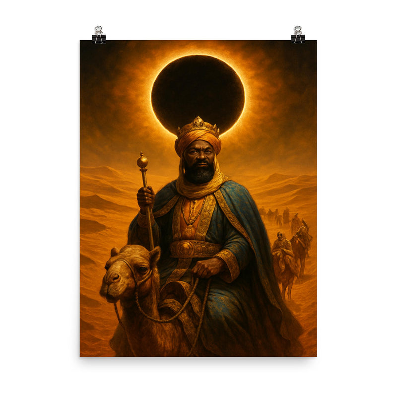 Mansa Musa crossing Sahara under gold eclipse poster on a plain backdrop in size 8