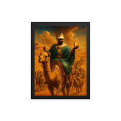 Mansa Musa crossing Sahara with gilded caravan framed print on a plain backdrop in size 12"x16".