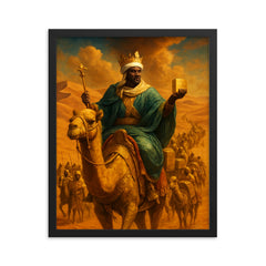 Mansa Musa crossing Sahara with gilded caravan framed print on a plain backdrop in size 16"x20".