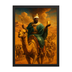 Mansa Musa crossing Sahara with gilded caravan framed print on a plain backdrop in size 18"x24".