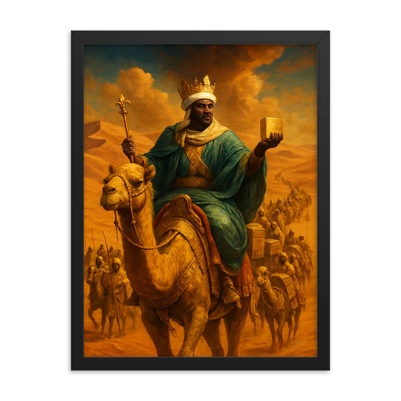 Mansa Musa crossing Sahara with gilded caravan framed print on a plain backdrop in size 18