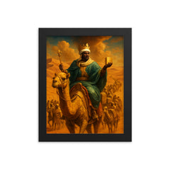 Mansa Musa crossing Sahara with gilded caravan framed print on a plain backdrop in size 8"x10".