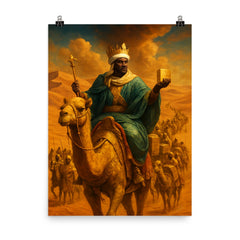 Mansa Musa crossing Sahara with gilded caravan poster on a plain backdrop in size 8"x10".