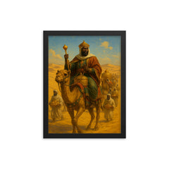Mansa Musa crossing Sahara with gold caravan framed print on a plain backdrop in size 12"x16".