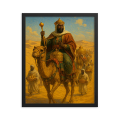 Mansa Musa crossing Sahara with gold caravan framed print on a plain backdrop in size 16"x20".