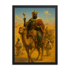 Mansa Musa crossing Sahara with gold caravan framed print on a plain backdrop in size 18"x24".