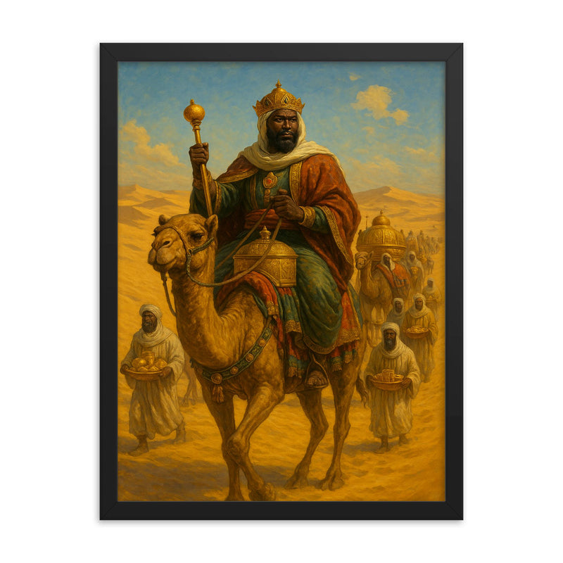 Mansa Musa crossing Sahara with gold caravan framed print on a plain backdrop in size 18