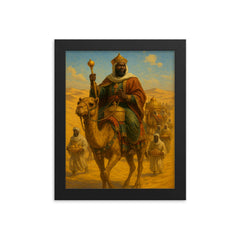 Mansa Musa crossing Sahara with gold caravan framed print on a plain backdrop in size 8"x10".
