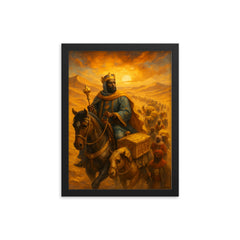 Mansa Musa crossing the Sahara with gold caravans framed print on a plain backdrop in size 12"x16".