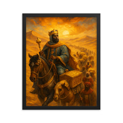 Mansa Musa crossing the Sahara with gold caravans framed print on a plain backdrop in size 16"x20".