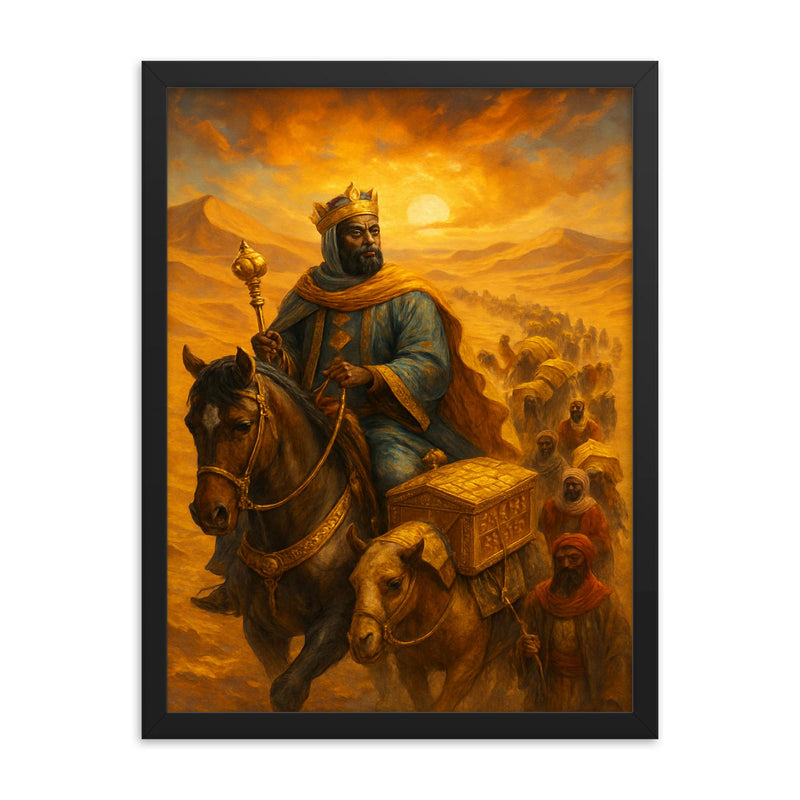 Mansa Musa crossing the Sahara with gold caravans framed print on a plain backdrop in size 18