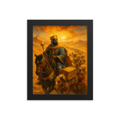 Mansa Musa crossing the Sahara with gold caravans framed print on a plain backdrop in size 8"x10".