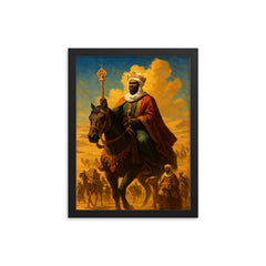 Mansa Musa crossing the Sahara with golden caravan framed print on a plain backdrop in size 12"x16".