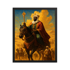 Mansa Musa crossing the Sahara with golden caravan framed print on a plain backdrop in size 16"x20".